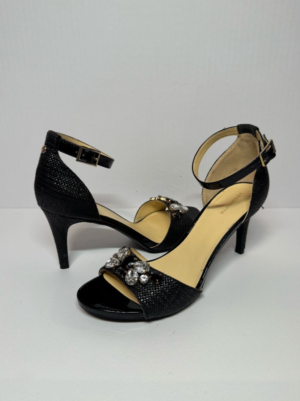 Liz Claiborne Black Embellished Ankle Strap Heels Woven 7.5 Rhinestone Sandals
